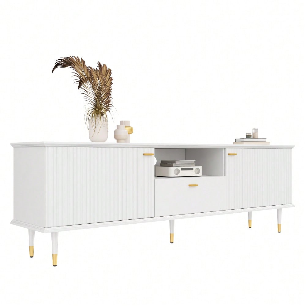 TV-Schrank mit offenen Fächern und Schubladen, lackierte Strukturoberfläche, Soft-Close-Scharniere