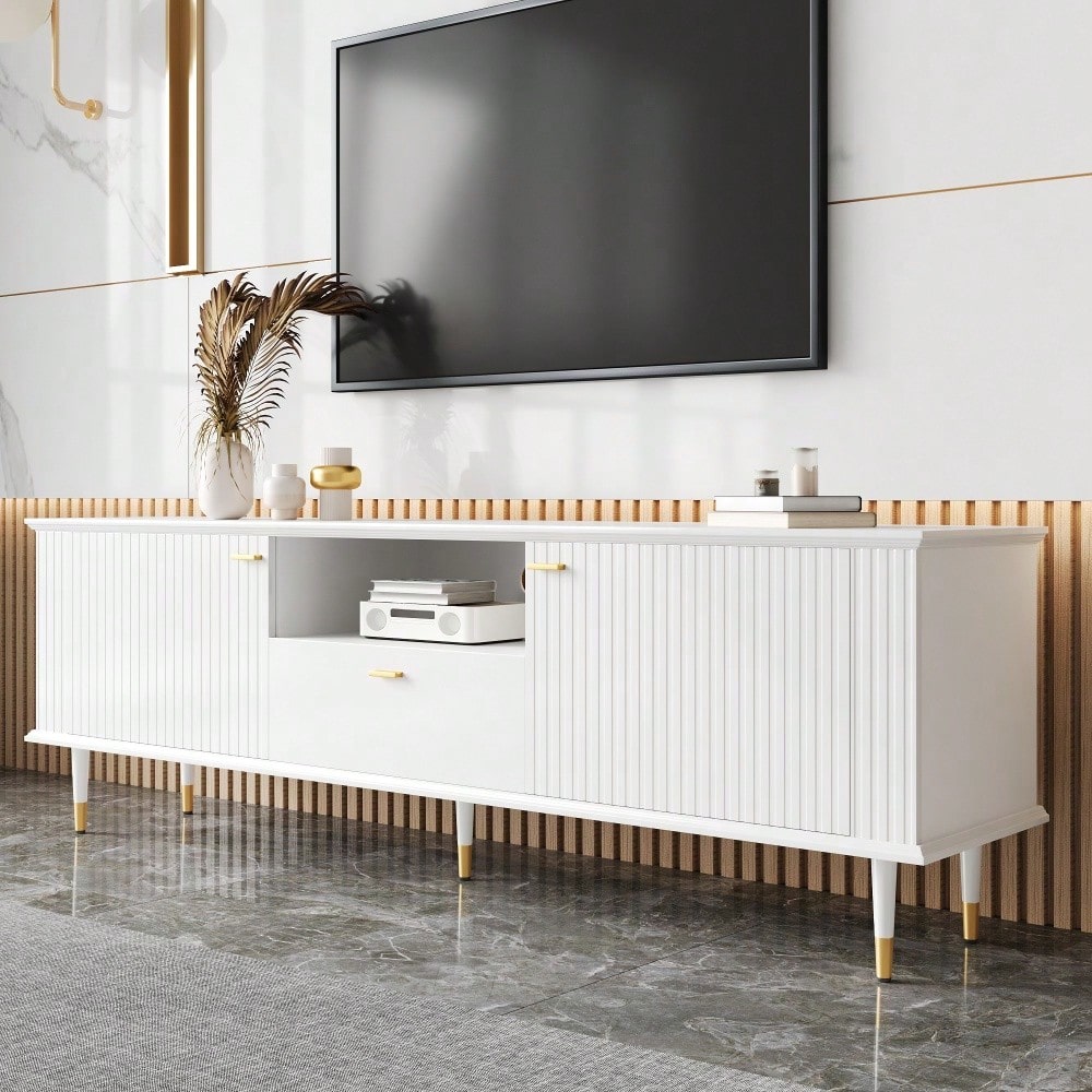 TV-Schrank mit offenen Fächern und Schubladen, lackierte Strukturoberfläche, Soft-Close-Scharniere