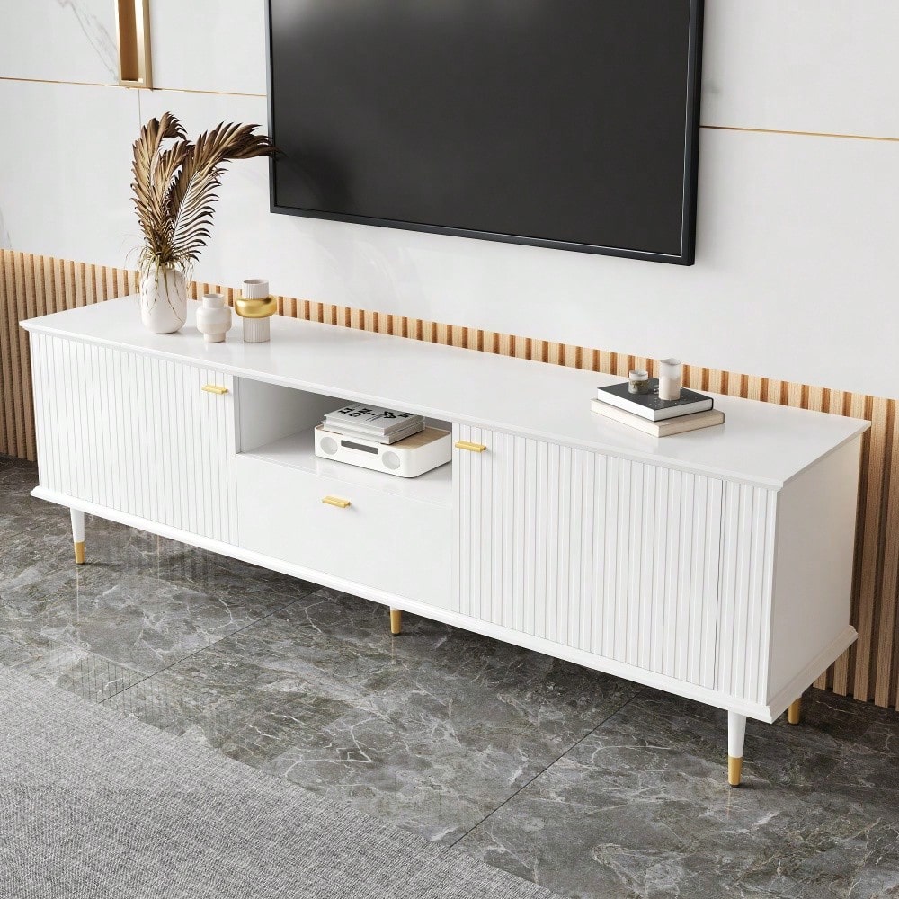TV-Schrank mit offenen Fächern und Schubladen, lackierte Strukturoberfläche, Soft-Close-Scharniere
