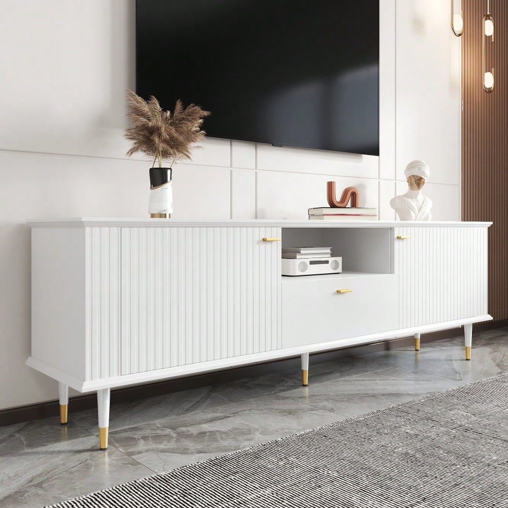 TV-Schrank mit offenen Fächern und Schubladen, lackierte Strukturoberfläche, Soft-Close-Scharniere