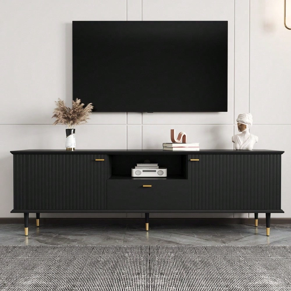 TV-Schrank mit offenen Fächern und Schubladen, lackierte Strukturoberfläche, Soft-Close-Scharniere