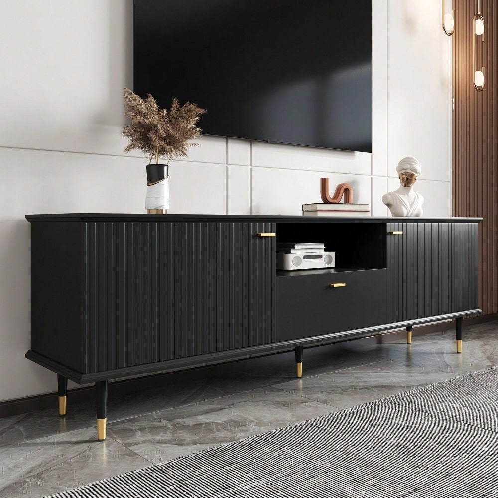 TV-Schrank mit offenen Fächern und Schubladen, lackierte Strukturoberfläche, Soft-Close-Scharniere