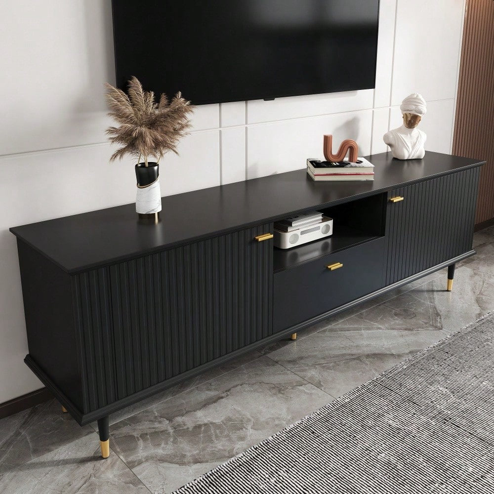 TV-Schrank mit offenen Fächern und Schubladen, lackierte Strukturoberfläche, Soft-Close-Scharniere
