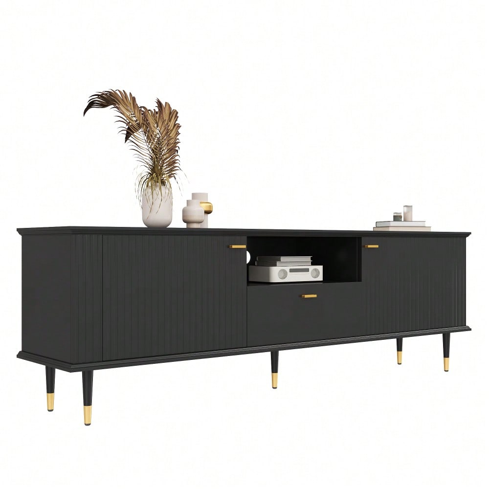 TV-Schrank mit offenen Fächern und Schubladen, lackierte Strukturoberfläche, Soft-Close-Scharniere