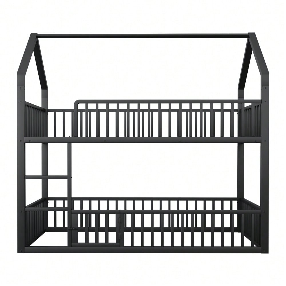 Kinder-Etagenbett 90*200, Metall-Doppelbett, Kinder-Familienbett, Etagenbett mit Treppe, Loft-Design, Unteres Bett mit kleiner Tür zum Öffnen und Schließen, Schwarz