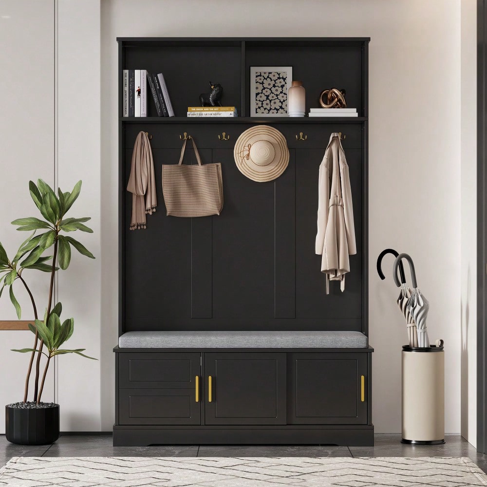 Garderobenständer mit Schuhbank, Garderobe, 6 Dreifach-Haken,freistehend, platzsparend, für Eingangsbereich,Flur, Schwarz, 120×40×191cm