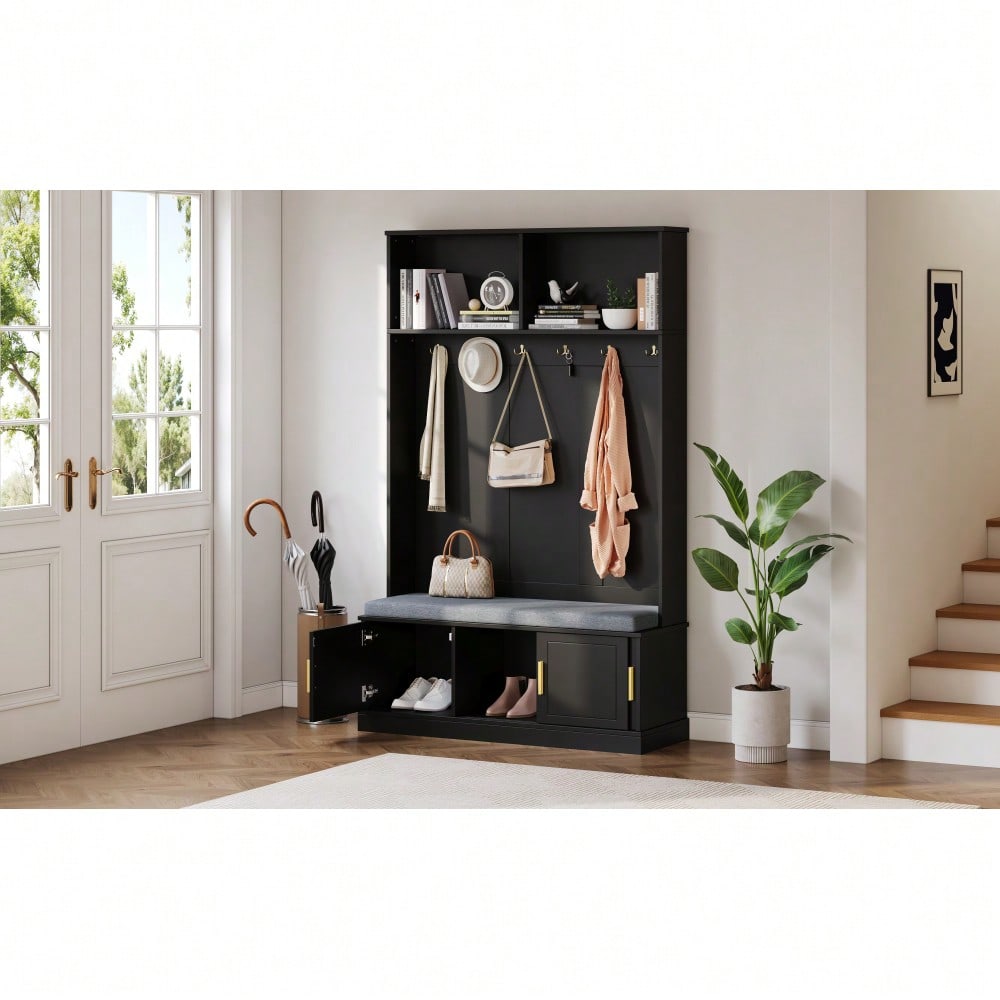 Garderobenständer mit Schuhbank, Garderobe, 6 Dreifach-Haken,freistehend, platzsparend, für Eingangsbereich,Flur, Schwarz, 120×40×191cm