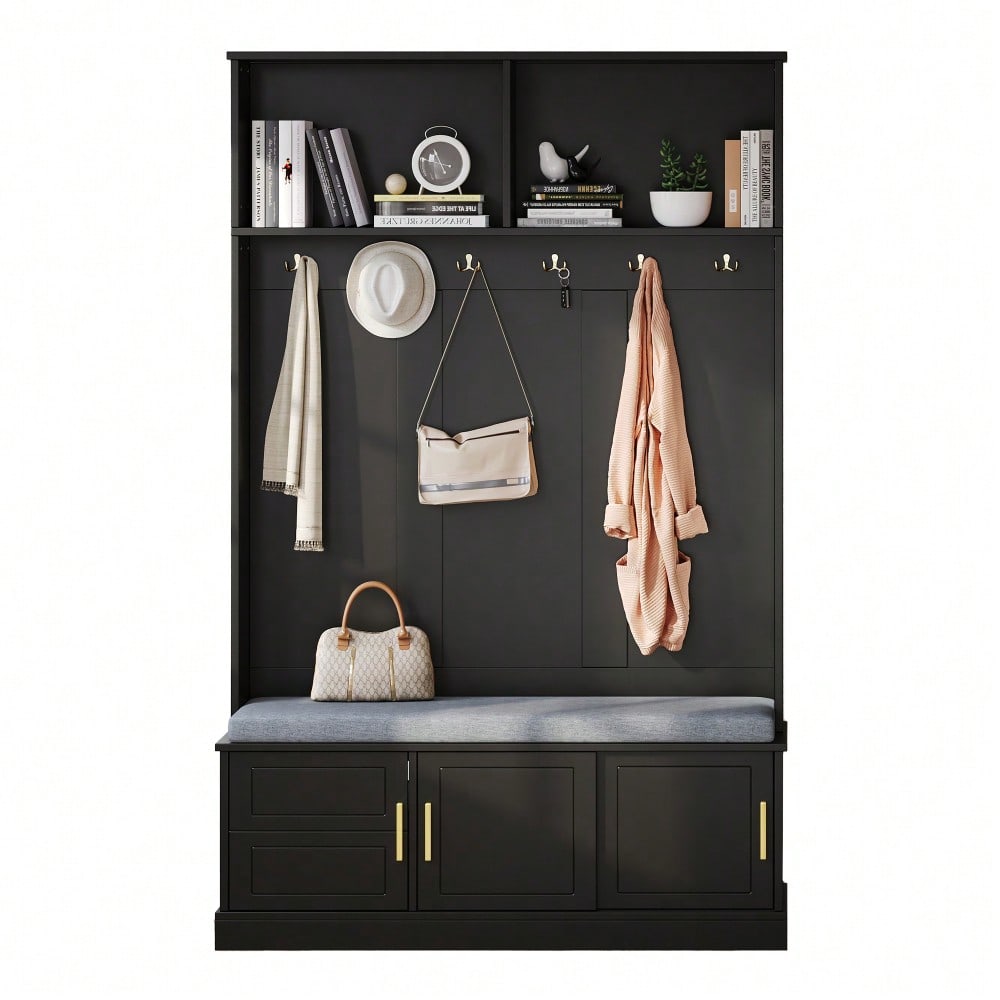Garderobenständer mit Schuhbank, Garderobe, 6 Dreifach-Haken,freistehend, platzsparend, für Eingangsbereich,Flur, Schwarz, 120×40×191cm