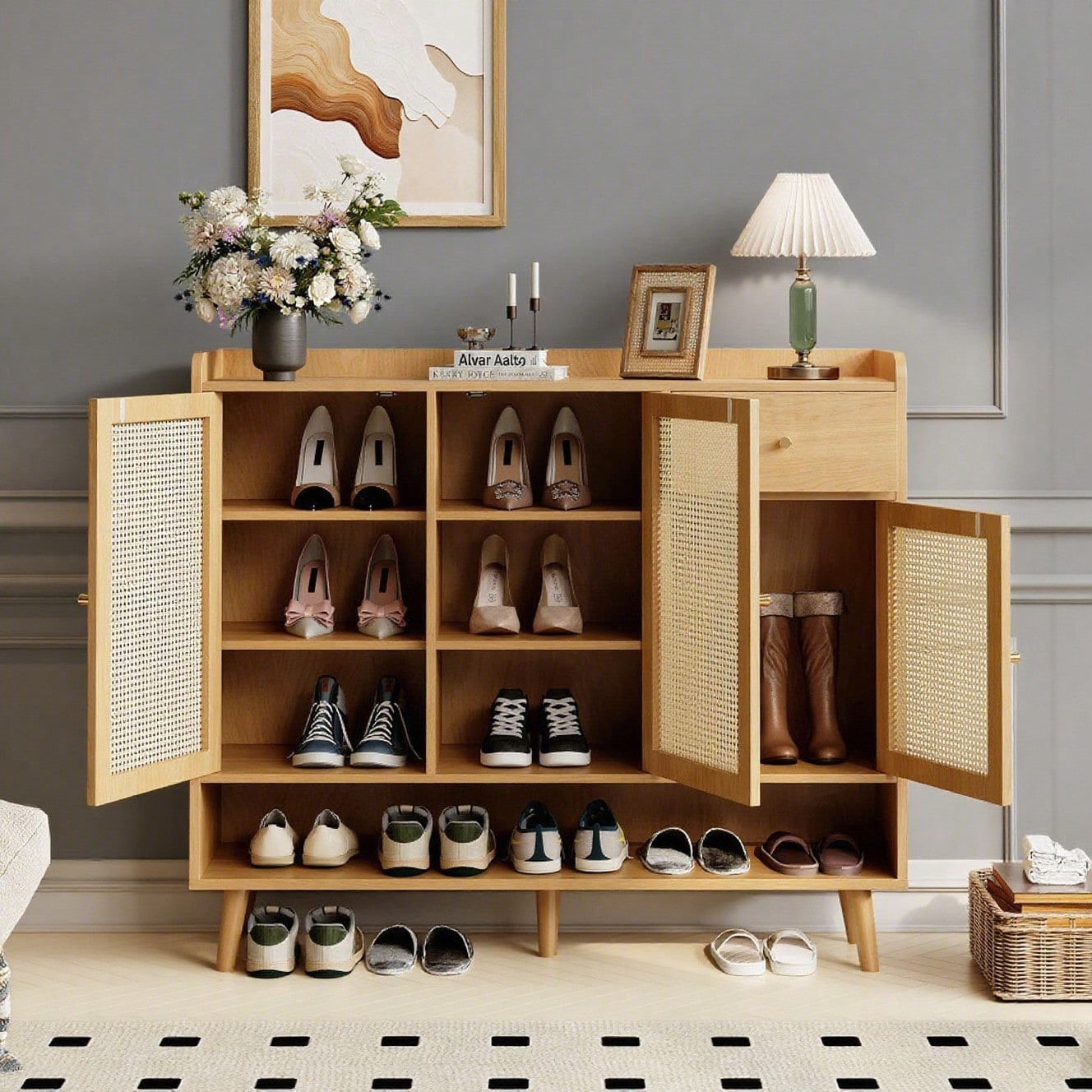 Schuhschrank aus natürlichem Rattan, Schuhkommode Schuhregal mit 3 Türen und1 Schubladen und 5 Regalböden, für den Flur. Metallgriff und Massivholzbeinen. Maße: B120/H106/T35 cm