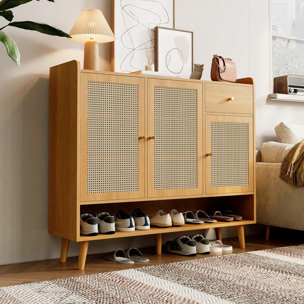 Schuhschrank aus natürlichem Rattan, Schuhkommode Schuhregal mit 3 Türen und1 Schubladen und 5 Regalböden, für den Flur. Metallgriff und Massivholzbeinen. Maße: B120/H106/T35 cm