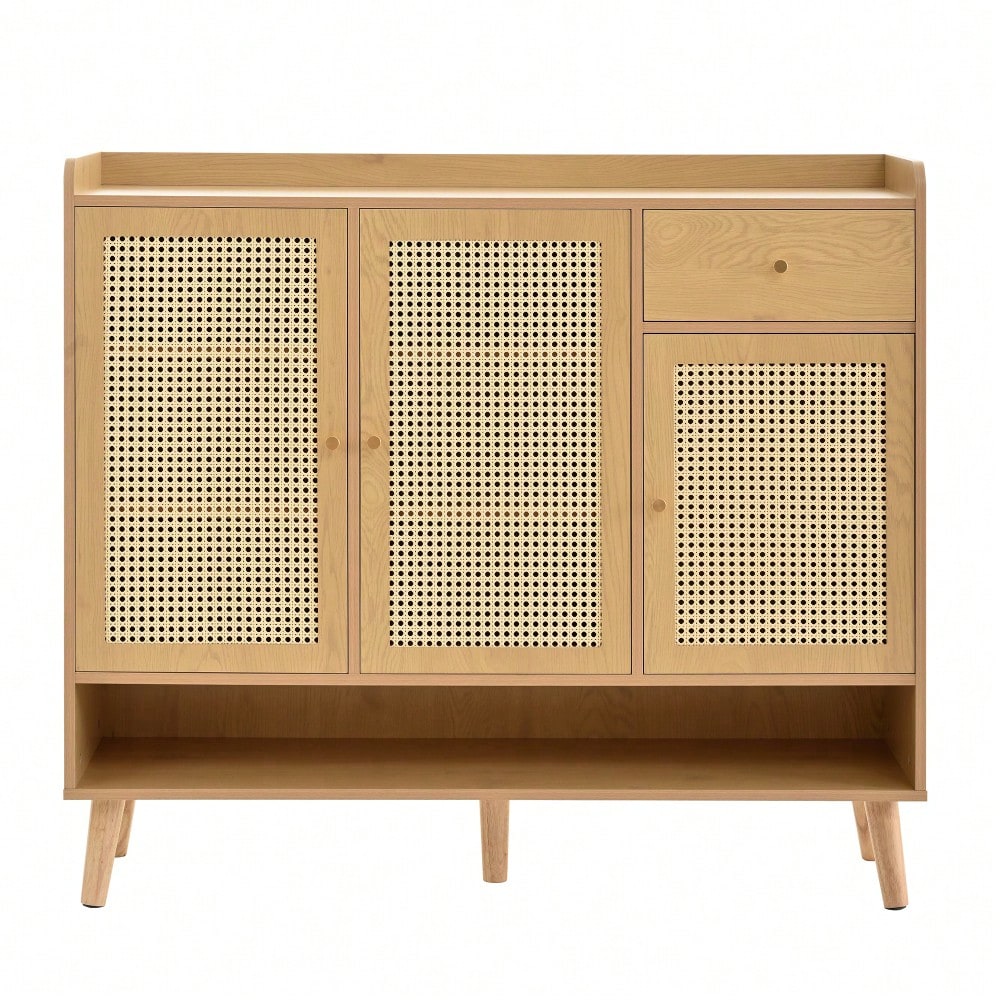 Schuhschrank aus natürlichem Rattan, Schuhkommode Schuhregal mit 3 Türen und1 Schubladen und 5 Regalböden, für den Flur. Metallgriff und Massivholzbeinen. Maße: B120/H106/T35 cm