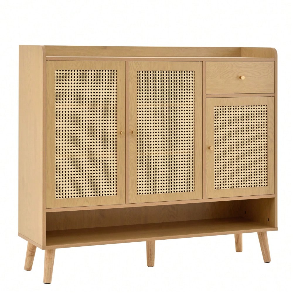 Schuhschrank aus natürlichem Rattan, Schuhkommode Schuhregal mit 3 Türen und1 Schubladen und 5 Regalböden, für den Flur. Metallgriff und Massivholzbeinen. Maße: B120/H106/T35 cm