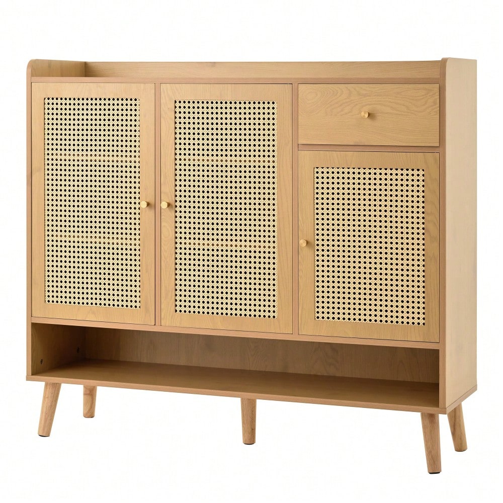 Schuhschrank aus natürlichem Rattan, Schuhkommode Schuhregal mit 3 Türen und1 Schubladen und 5 Regalböden, für den Flur. Metallgriff und Massivholzbeinen. Maße: B120/H106/T35 cm