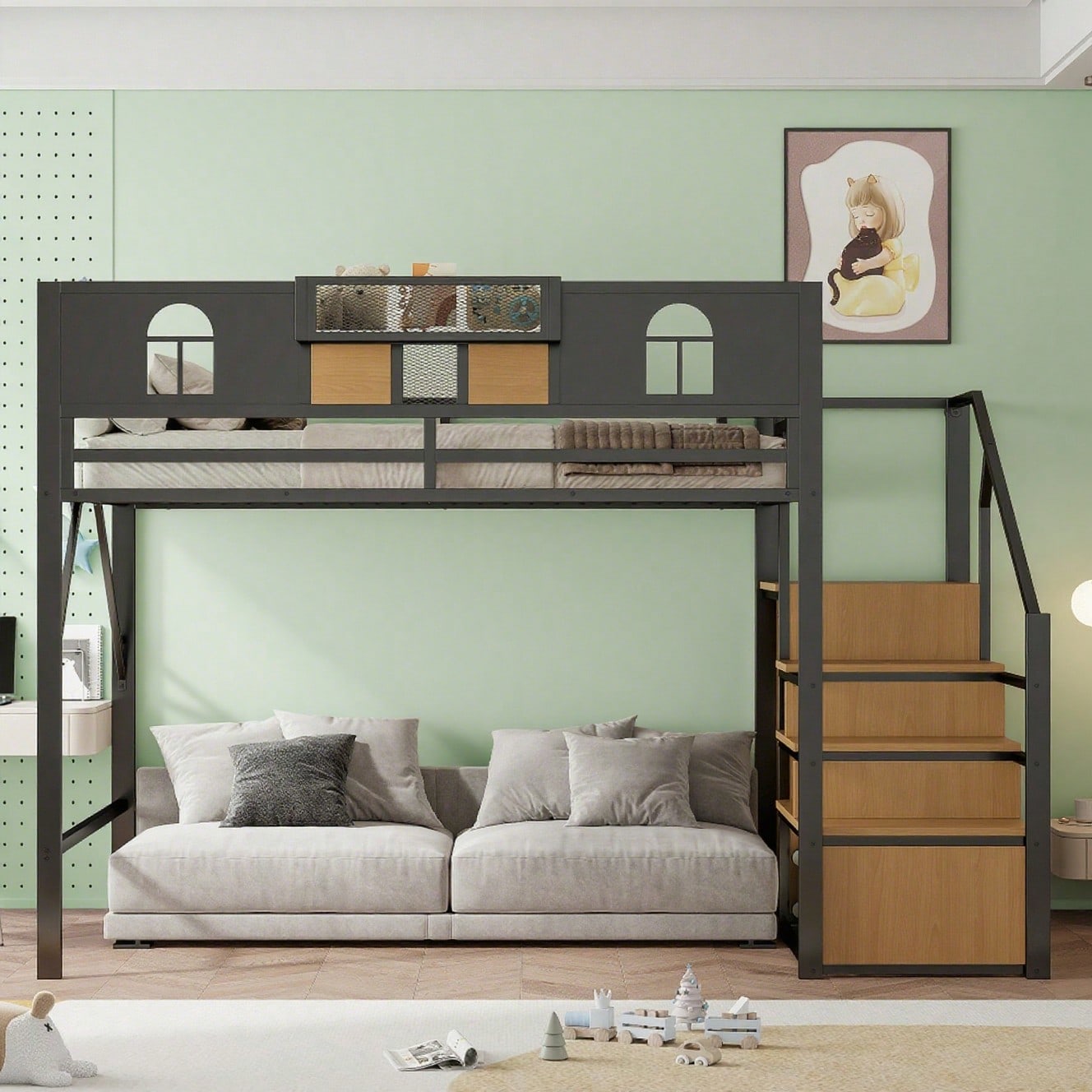 Metall-Hochbett 140 x 200 cm, Mit Stauraumleiter, Fenster, Holzplatten und Netzgewebe, Einzigartige Erhöhte Umzäunung, Ablagefläche Am Bett, Stabiler Metallrahmen, Schwarz