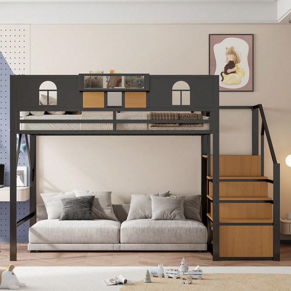 Metall-Hochbett 140 x 200 cm, Mit Stauraumleiter, Fenster, Holzplatten und Netzgewebe, Einzigartige Erhöhte Umzäunung, Ablagefläche Am Bett, Stabiler Metallrahmen, Schwarz
