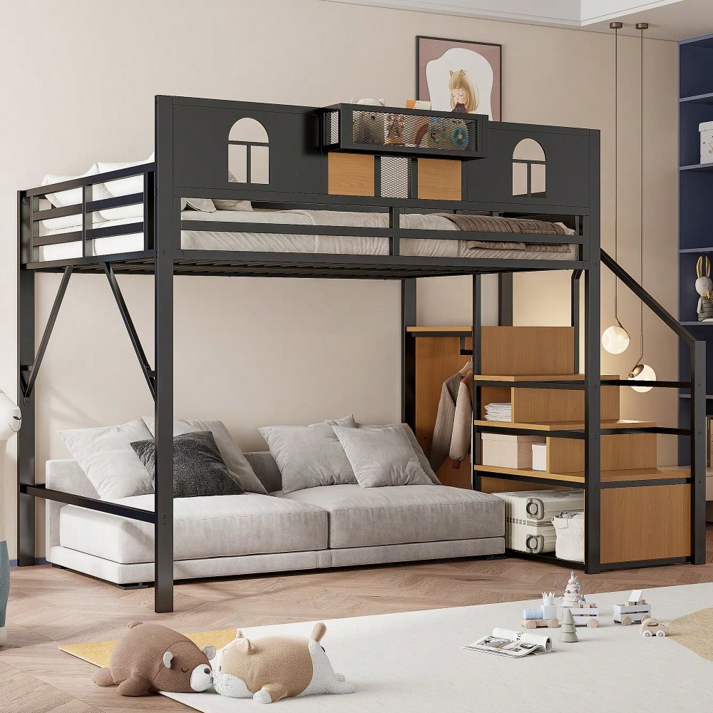 Metall-Hochbett 140 x 200 cm, Mit Stauraumleiter, Fenster, Holzplatten und Netzgewebe, Einzigartige Erhöhte Umzäunung, Ablagefläche Am Bett, Stabiler Metallrahmen, Schwarz
