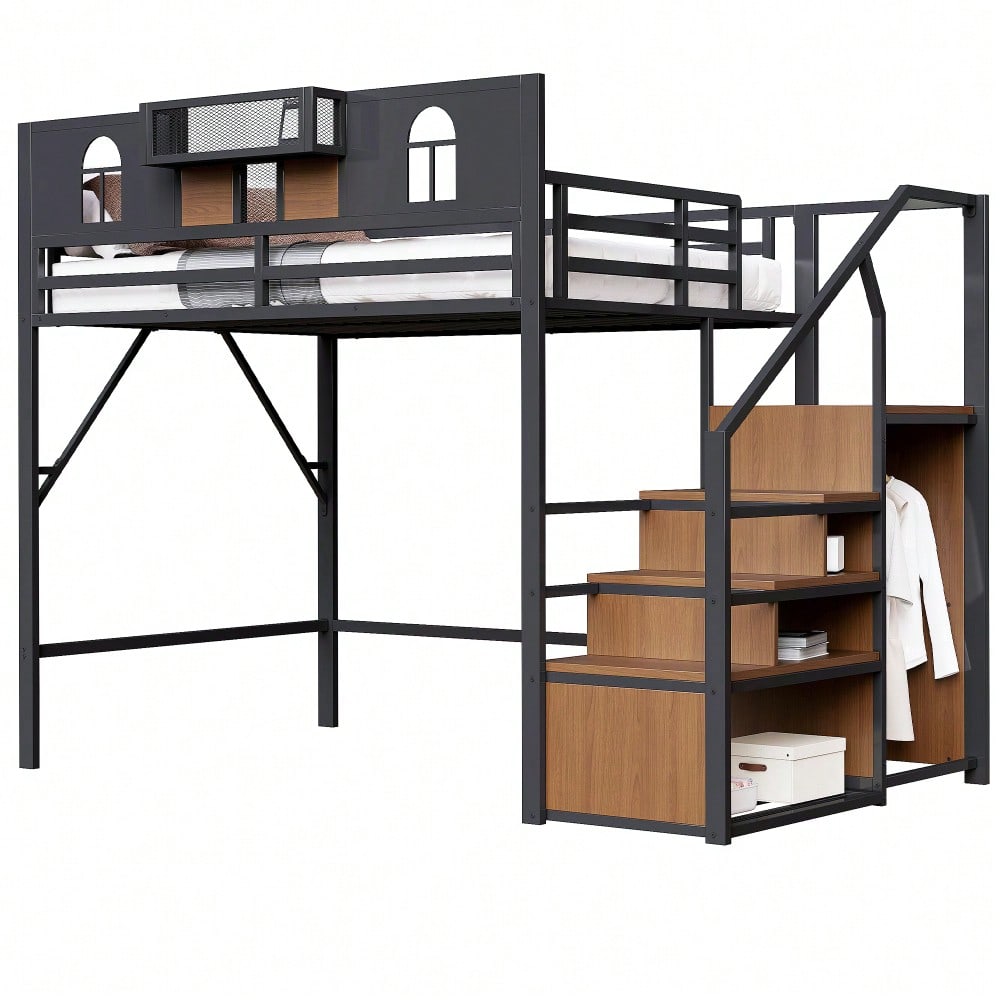 Metall-Hochbett 140 x 200 cm, Mit Stauraumleiter, Fenster, Holzplatten und Netzgewebe, Einzigartige Erhöhte Umzäunung, Ablagefläche Am Bett, Stabiler Metallrahmen, Schwarz