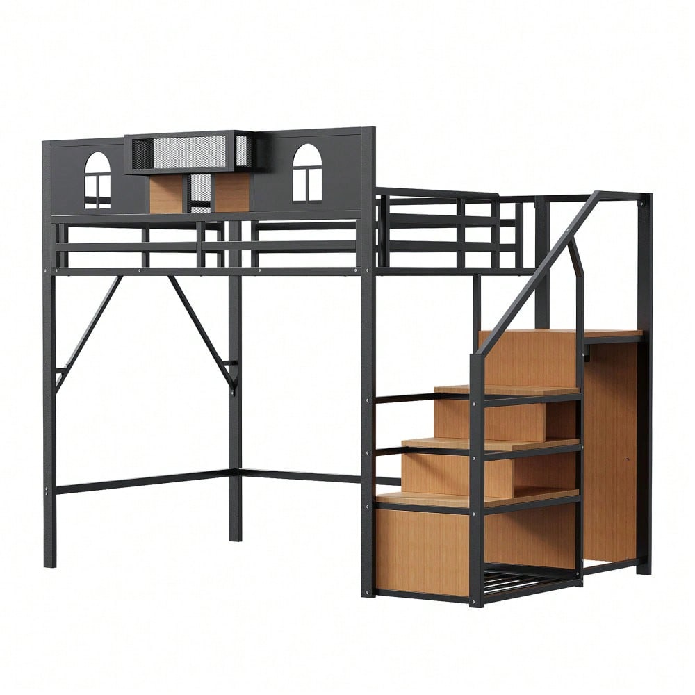 Metall-Hochbett 140 x 200 cm, Mit Stauraumleiter, Fenster, Holzplatten und Netzgewebe, Einzigartige Erhöhte Umzäunung, Ablagefläche Am Bett, Stabiler Metallrahmen, Schwarz