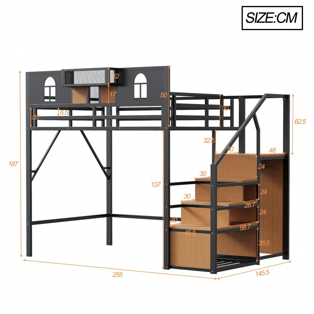 Metall-Hochbett 140 x 200 cm, Mit Stauraumleiter, Fenster, Holzplatten und Netzgewebe, Einzigartige Erhöhte Umzäunung, Ablagefläche Am Bett, Stabiler Metallrahmen, Schwarz