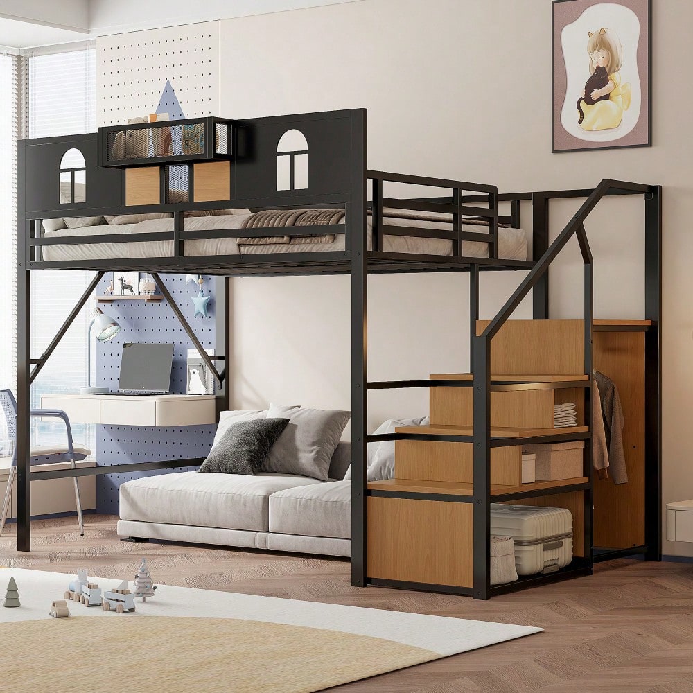 Metall-Hochbett 140 x 200 cm, Mit Stauraumleiter, Fenster, Holzplatten und Netzgewebe, Einzigartige Erhöhte Umzäunung, Ablagefläche Am Bett, Stabiler Metallrahmen, Schwarz