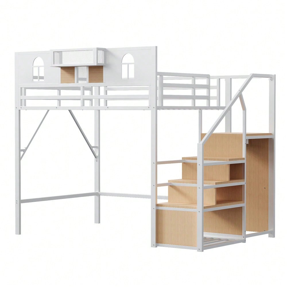 Metall-Hochbett 140 x 200 cm, Mit Stauraumleiter, Fenster, Holzplatten und Netzgewebe, Einzigartige Erhöhte Umzäunung, Ablagefläche Am Bett, Stabiler Metallrahmen, Weiß