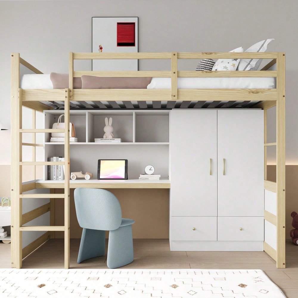 Hochbett 90 x 200 cm, Mit Leiter, Mit Schreibtisch mit Stauraum, Mit Kleiderschrank und Schubladen, Kinderbett, Jugendbett, Einzelbett, Holzfarbe