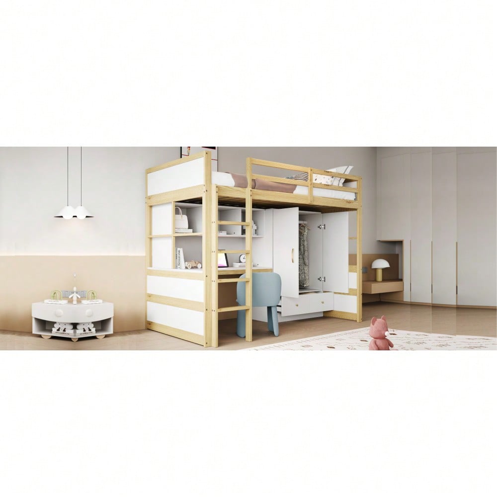 Hochbett 90 x 200 cm, Mit Leiter, Mit Schreibtisch mit Stauraum, Mit Kleiderschrank und Schubladen, Kinderbett, Jugendbett, Einzelbett, Holzfarbe