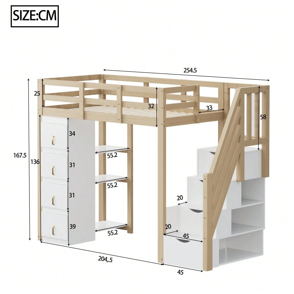 Hochbett 90 x 200 cm mit Stauraumschubladen, Mehrstöckigem Regal, Sicherer Leiter Mit Stauraumschubladen, Multifunktionales Massivholzbett, Holzfarbe. Alte SKU: LDB00277AAN