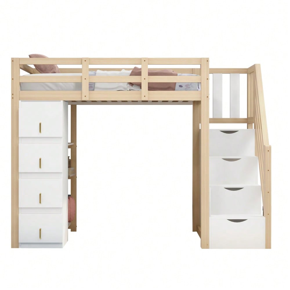Hochbett 90 x 200 cm mit Stauraumschubladen, Mehrstöckigem Regal, Sicherer Leiter Mit Stauraumschubladen, Multifunktionales Massivholzbett, Holzfarbe. Alte SKU: LDB00277AAN