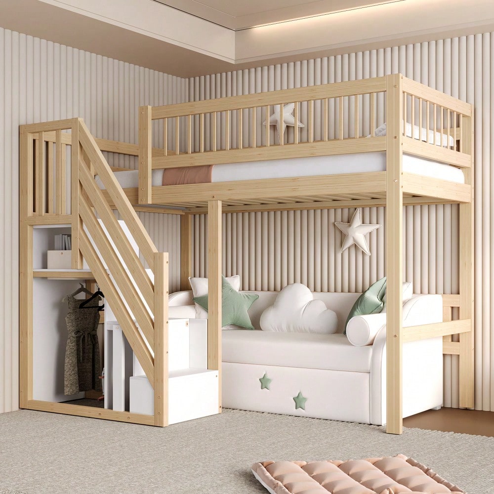 Massivholzbett 140*200, Treppe mit Stauschrank, hohes Geländer, Kinderbett, Jugendbett, Massivholzbettgestell, Holzfarbe (Vecchio SKU: LDB00165AAN)