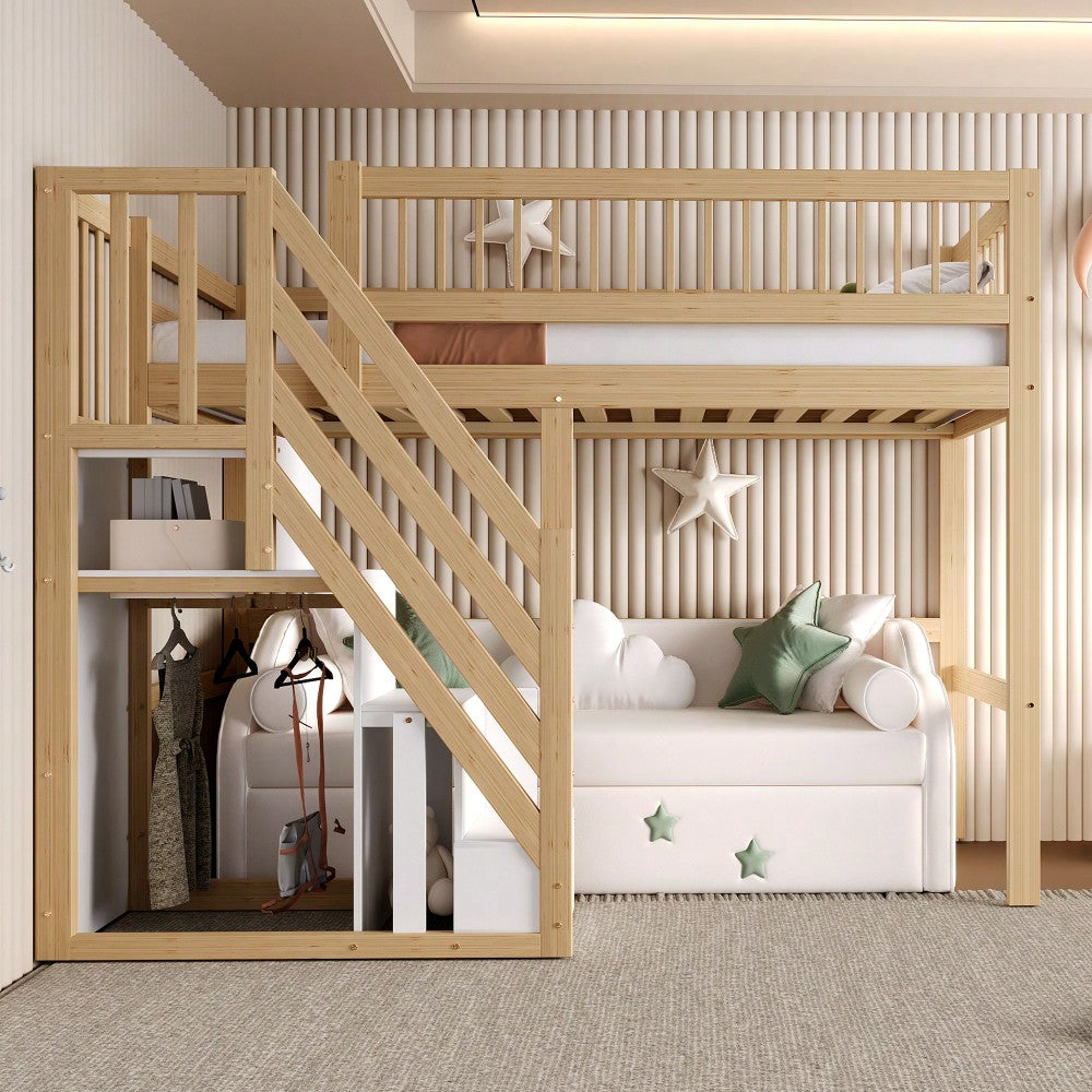 Massivholzbett 140*200, Treppe mit Stauschrank, hohes Geländer, Kinderbett, Jugendbett, Massivholzbettgestell, Holzfarbe (Vecchio SKU: LDB00165AAN)