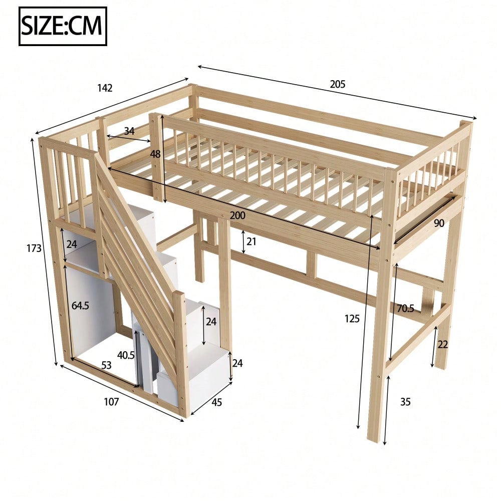 Massivholzbett 140*200, Treppe mit Stauschrank, hohes Geländer, Kinderbett, Jugendbett, Massivholzbettgestell, Holzfarbe (Vecchio SKU: LDB00165AAN)