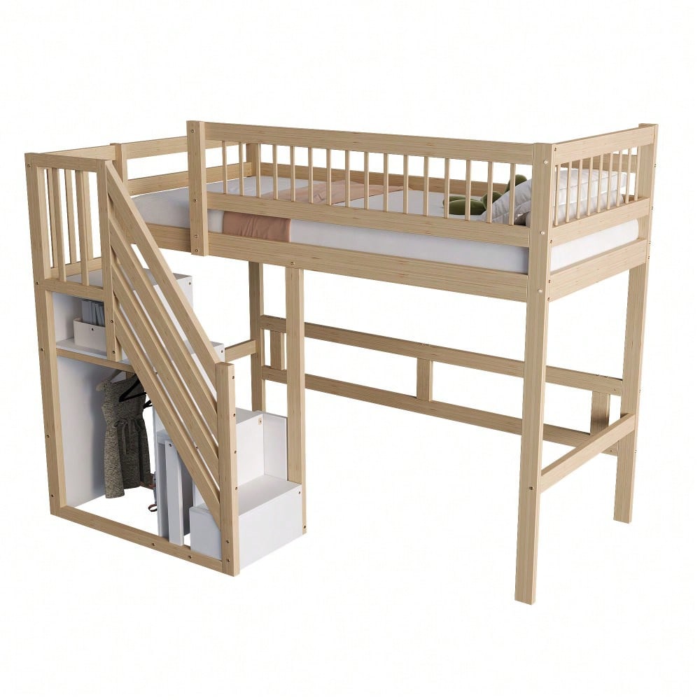 Massivholzbett 140*200, Treppe mit Stauschrank, hohes Geländer, Kinderbett, Jugendbett, Massivholzbettgestell, Holzfarbe (Vecchio SKU: LDB00165AAN)