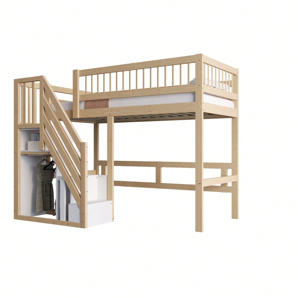 Massivholzbett 140*200, Treppe mit Stauschrank, hohes Geländer, Kinderbett, Jugendbett, Massivholzbettgestell, Holzfarbe (Vecchio SKU: LDB00165AAN)