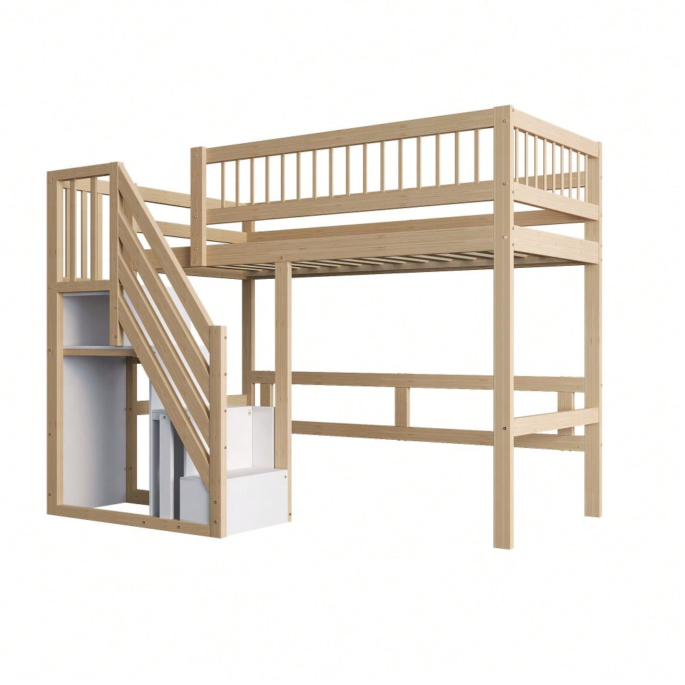 Massivholzbett 140*200, Treppe mit Stauschrank, hohes Geländer, Kinderbett, Jugendbett, Massivholzbettgestell, Holzfarbe (Vecchio SKU: LDB00165AAN)