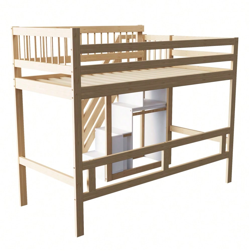 Massivholzbett 140*200, Treppe mit Stauschrank, hohes Geländer, Kinderbett, Jugendbett, Massivholzbettgestell, Holzfarbe (Vecchio SKU: LDB00165AAN)