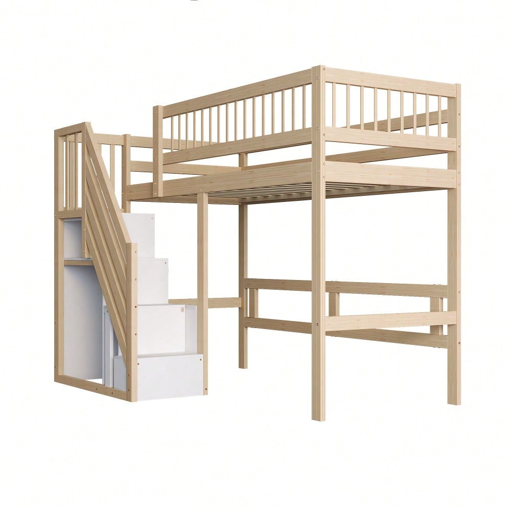 Massivholzbett 140*200, Treppe mit Stauschrank, hohes Geländer, Kinderbett, Jugendbett, Massivholzbettgestell, Holzfarbe (Vecchio SKU: LDB00165AAN)