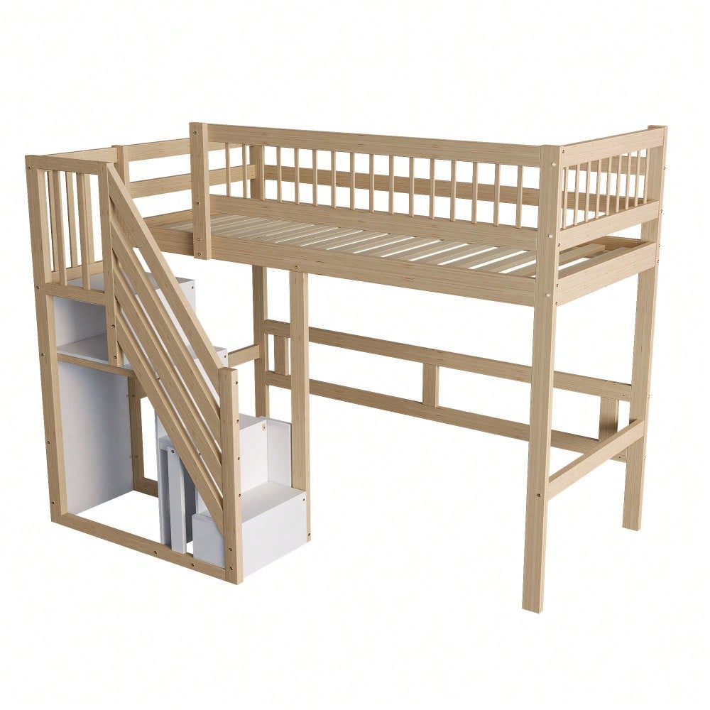 Massivholzbett 140*200, Treppe mit Stauschrank, hohes Geländer, Kinderbett, Jugendbett, Massivholzbettgestell, Holzfarbe (Vecchio SKU: LDB00165AAN)
