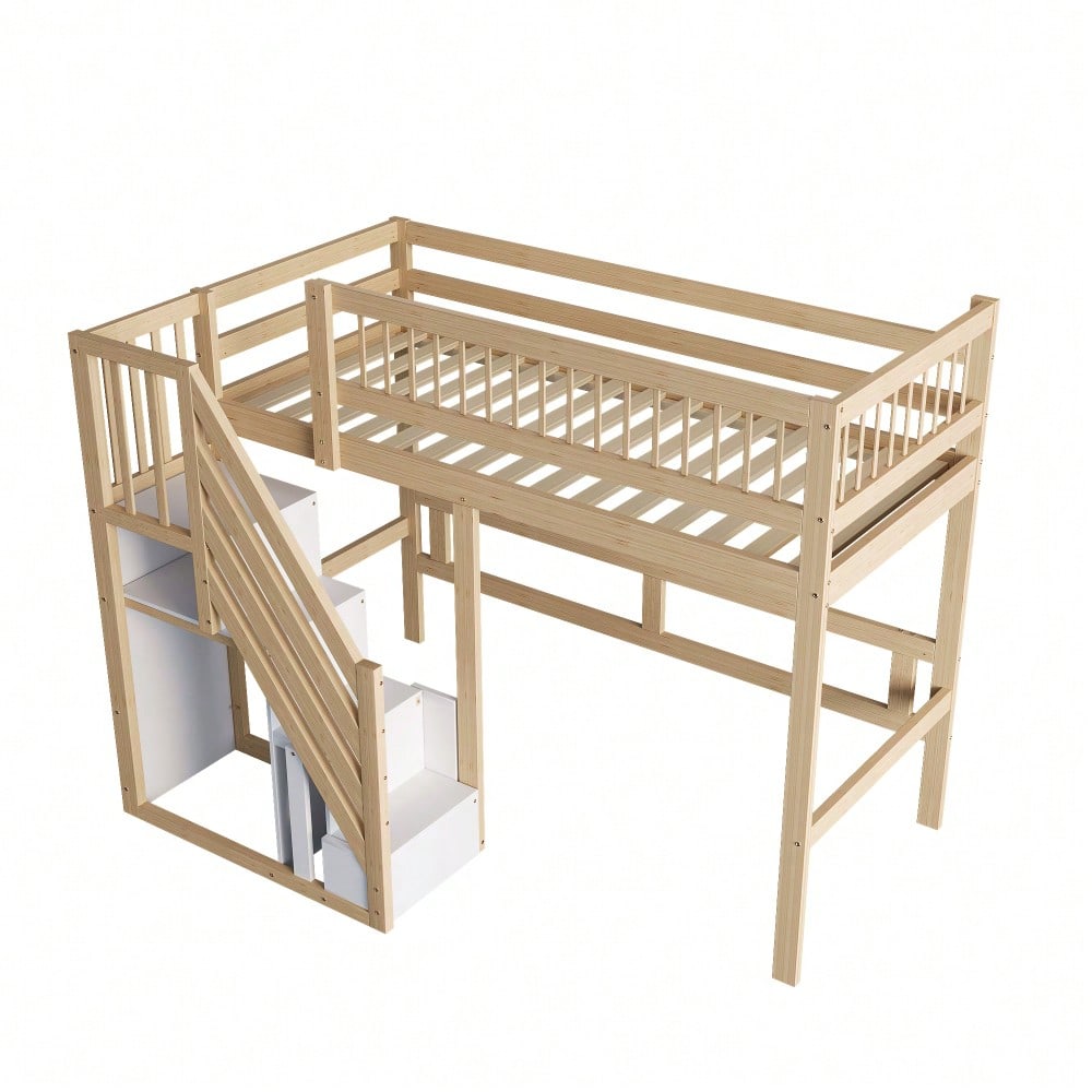 Massivholzbett 140*200, Treppe mit Stauschrank, hohes Geländer, Kinderbett, Jugendbett, Massivholzbettgestell, Holzfarbe (Vecchio SKU: LDB00165AAN)