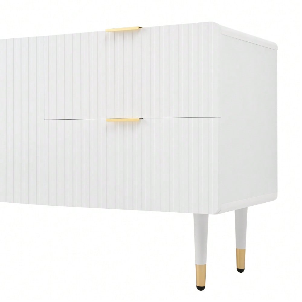 TV-Schrank mit Schubladen, TV-Möbel mit goldenen Griffen, goldenen Beinen und verstellbaren Füßen. Türen mit Regalen.