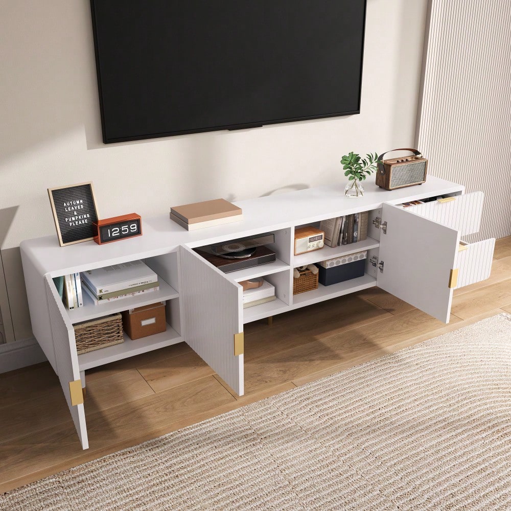 TV-Schrank mit Schubladen, TV-Möbel mit goldenen Griffen, goldenen Beinen und verstellbaren Füßen. Türen mit Regalen.