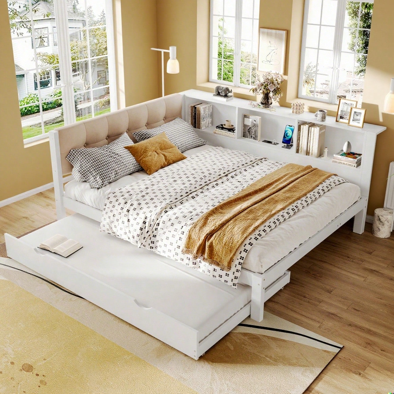 Daybett, Tagesbett, Schlafsofa, 140x200cm, Einzelbett(Ohne Matratze), mit ausziehbarem Bett, mit dimmbarer LED-Leiste, mit praktischem Regal, mit USB-Anschluss, 140x200cm, Kiefernholz, Weiß