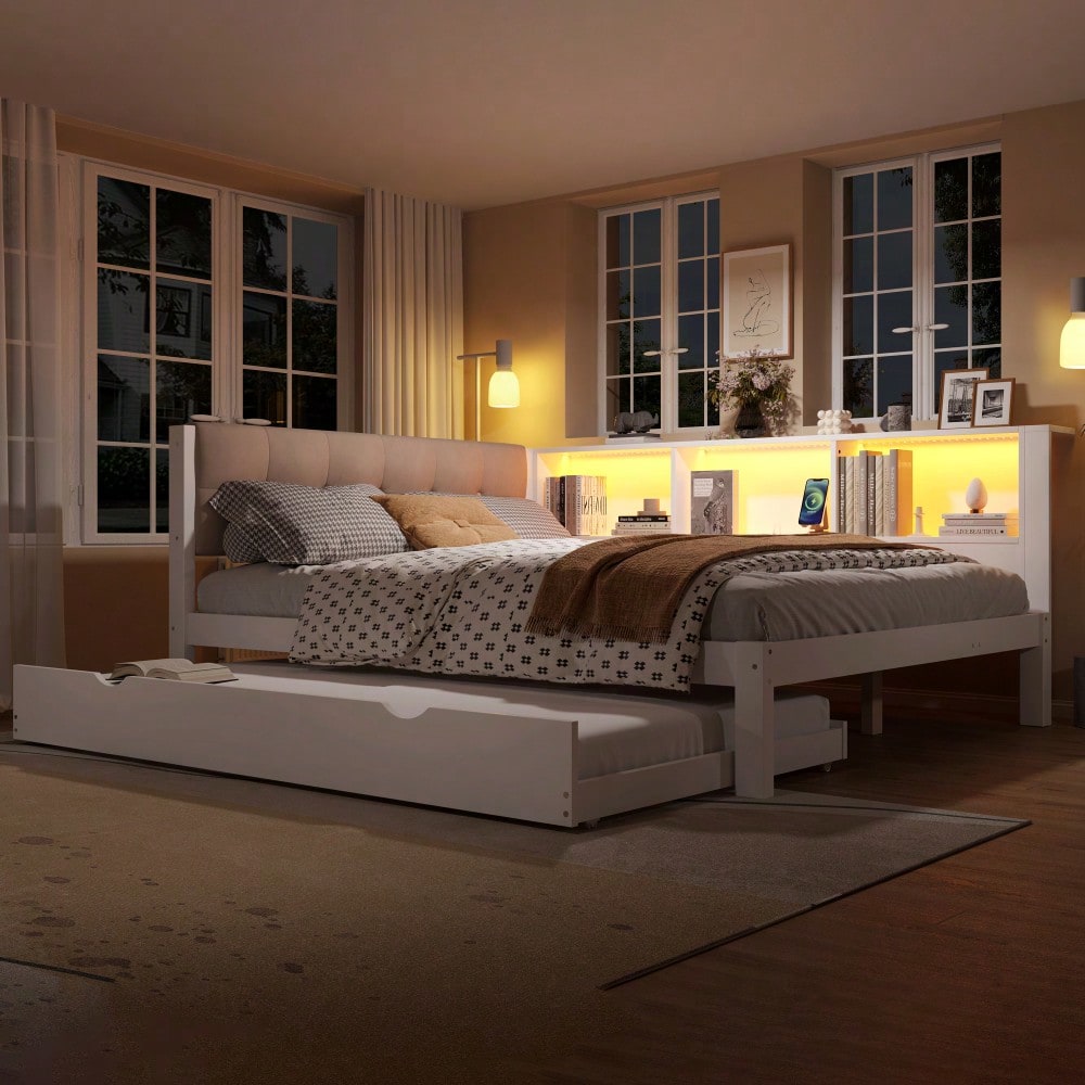 Daybett, Tagesbett, Schlafsofa, 140x200cm, Einzelbett(Ohne Matratze), mit ausziehbarem Bett, mit dimmbarer LED-Leiste, mit praktischem Regal, mit USB-Anschluss, 140x200cm, Kiefernholz, Weiß
