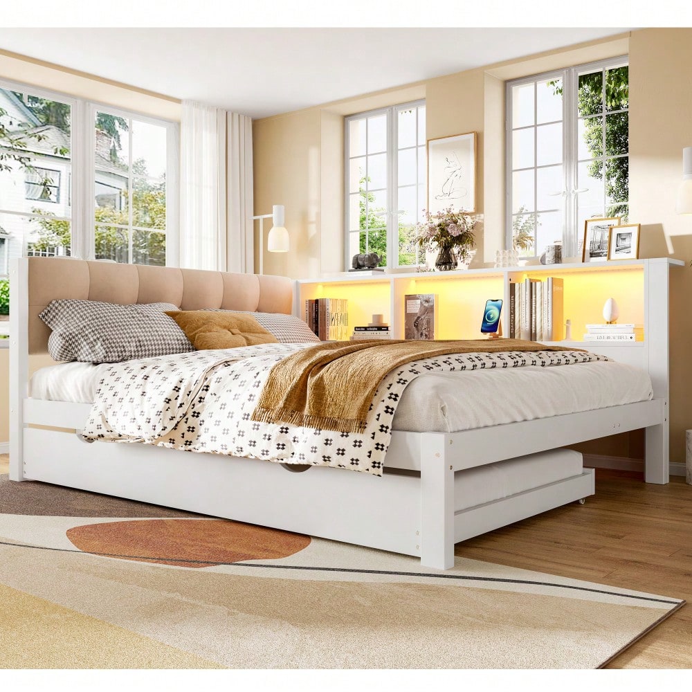 Daybett, Tagesbett, Schlafsofa, 140x200cm, Einzelbett(Ohne Matratze), mit ausziehbarem Bett, mit dimmbarer LED-Leiste, mit praktischem Regal, mit USB-Anschluss, 140x200cm, Kiefernholz, Weiß