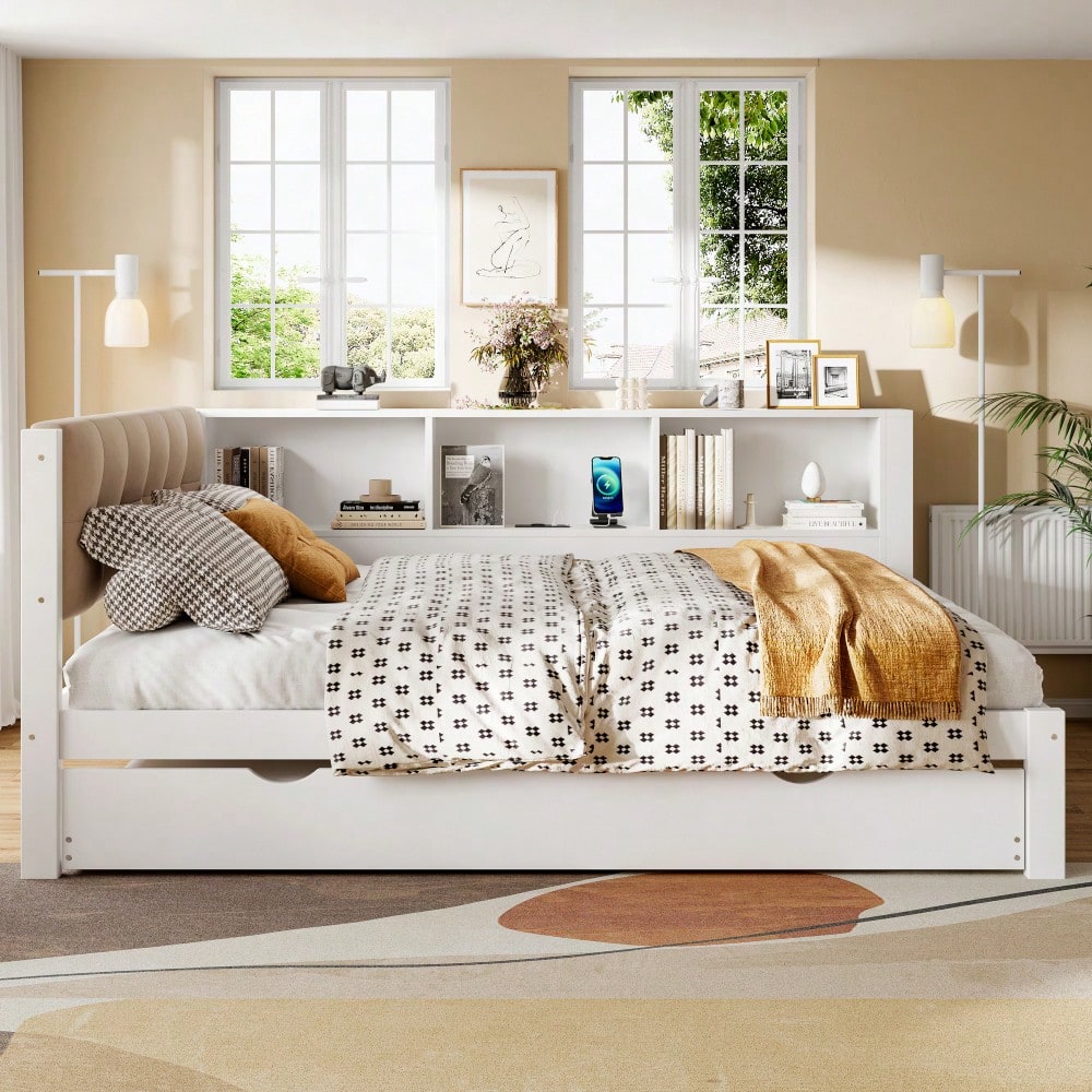 Daybett, Tagesbett, Schlafsofa, 140x200cm, Einzelbett(Ohne Matratze), mit ausziehbarem Bett, mit dimmbarer LED-Leiste, mit praktischem Regal, mit USB-Anschluss, 140x200cm, Kiefernholz, Weiß