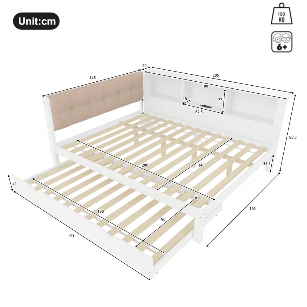 Daybett, Tagesbett, Schlafsofa, 140x200cm, Einzelbett(Ohne Matratze), mit ausziehbarem Bett, mit dimmbarer LED-Leiste, mit praktischem Regal, mit USB-Anschluss, 140x200cm, Kiefernholz, Weiß