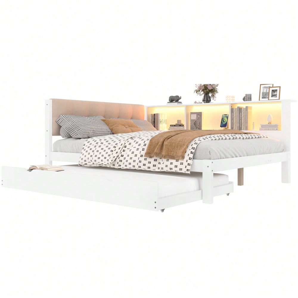 Daybett, Tagesbett, Schlafsofa, 140x200cm, Einzelbett(Ohne Matratze), mit ausziehbarem Bett, mit dimmbarer LED-Leiste, mit praktischem Regal, mit USB-Anschluss, 140x200cm, Kiefernholz, Weiß
