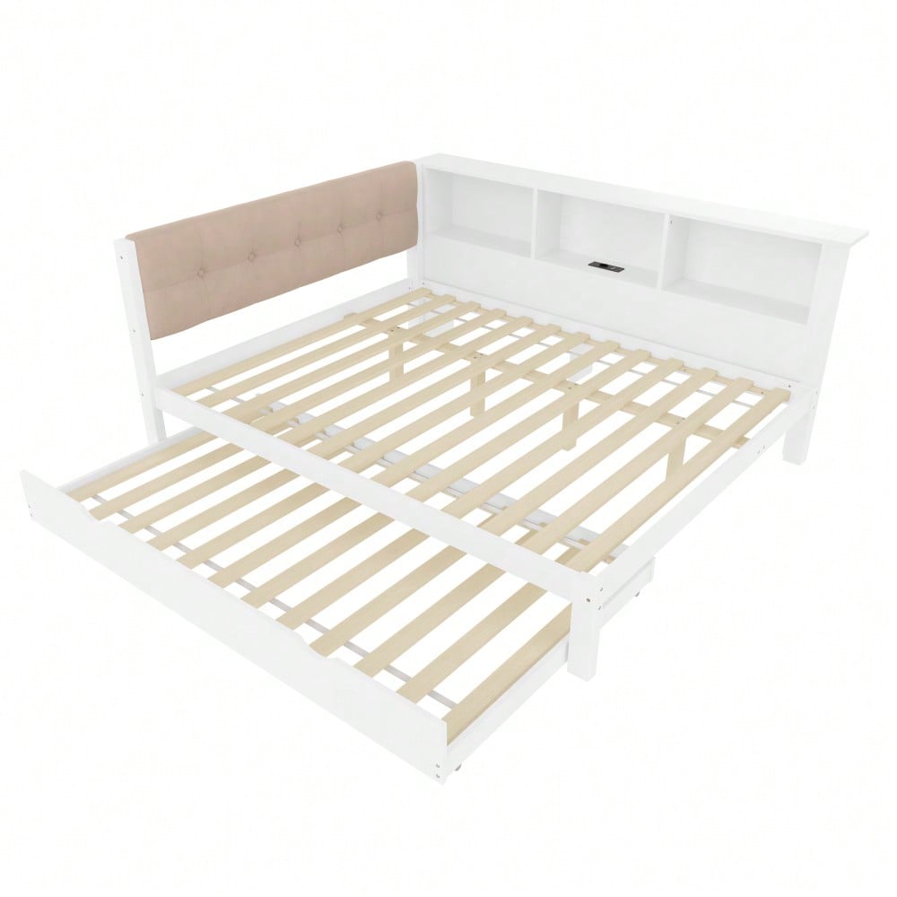 Daybett, Tagesbett, Schlafsofa, 140x200cm, Einzelbett(Ohne Matratze), mit ausziehbarem Bett, mit dimmbarer LED-Leiste, mit praktischem Regal, mit USB-Anschluss, 140x200cm, Kiefernholz, Weiß