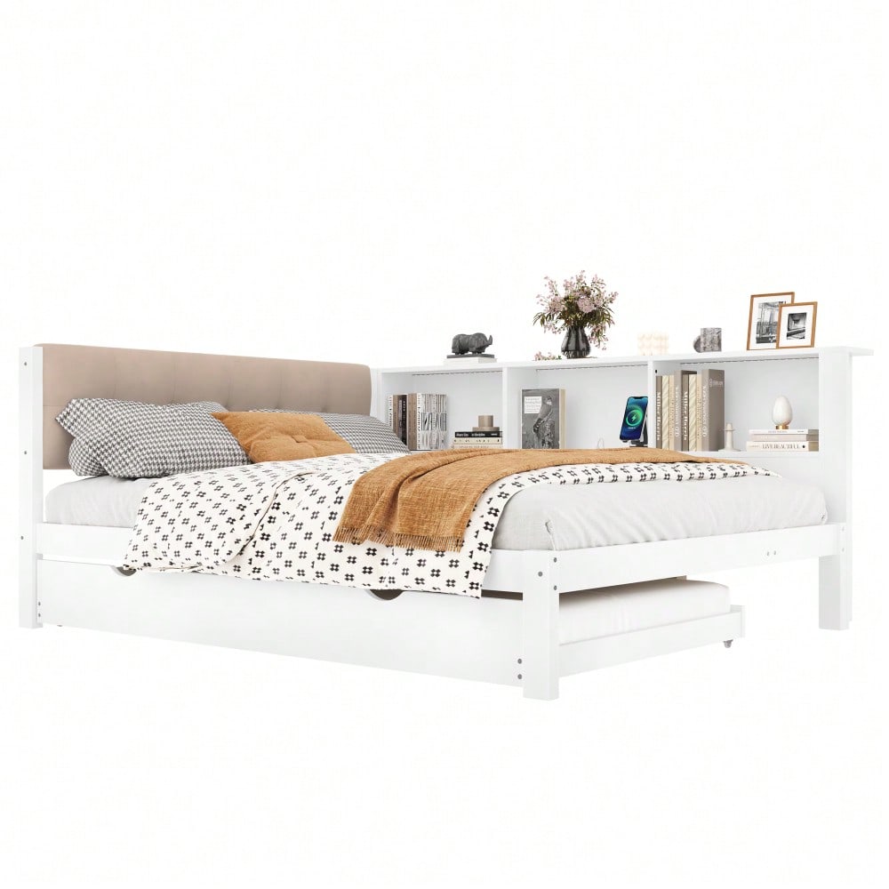 Daybett, Tagesbett, Schlafsofa, 140x200cm, Einzelbett(Ohne Matratze), mit ausziehbarem Bett, mit dimmbarer LED-Leiste, mit praktischem Regal, mit USB-Anschluss, 140x200cm, Kiefernholz, Weiß