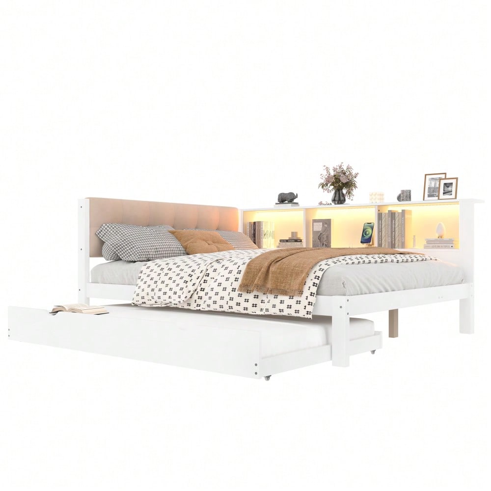Daybett, Tagesbett, Schlafsofa, 140x200cm, Einzelbett(Ohne Matratze), mit ausziehbarem Bett, mit dimmbarer LED-Leiste, mit praktischem Regal, mit USB-Anschluss, 140x200cm, Kiefernholz, Weiß